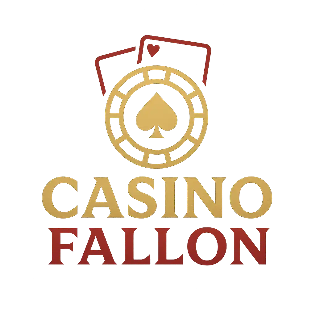 Casino Fallon logo featuring gold poker chip, red playing cards, and bold serif text on black background.